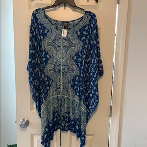 Angie Tan and Blue Boxy Tunic with Asymmetrical Hem